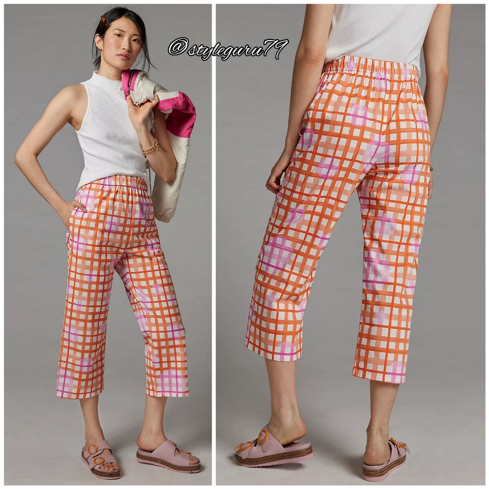 NWT, ANTHROPOLOGIE, Corey Lynn Calter Checked Wide-Leg Pants In PINK AND ORANGE